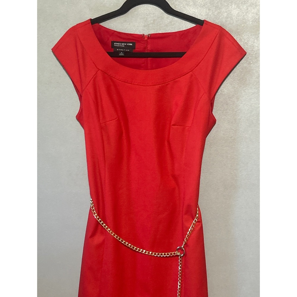 Jones New York Collection Tomato Red Stretch Sheath Dress with Gold Chain Belt 8 - Picture 3 of 8